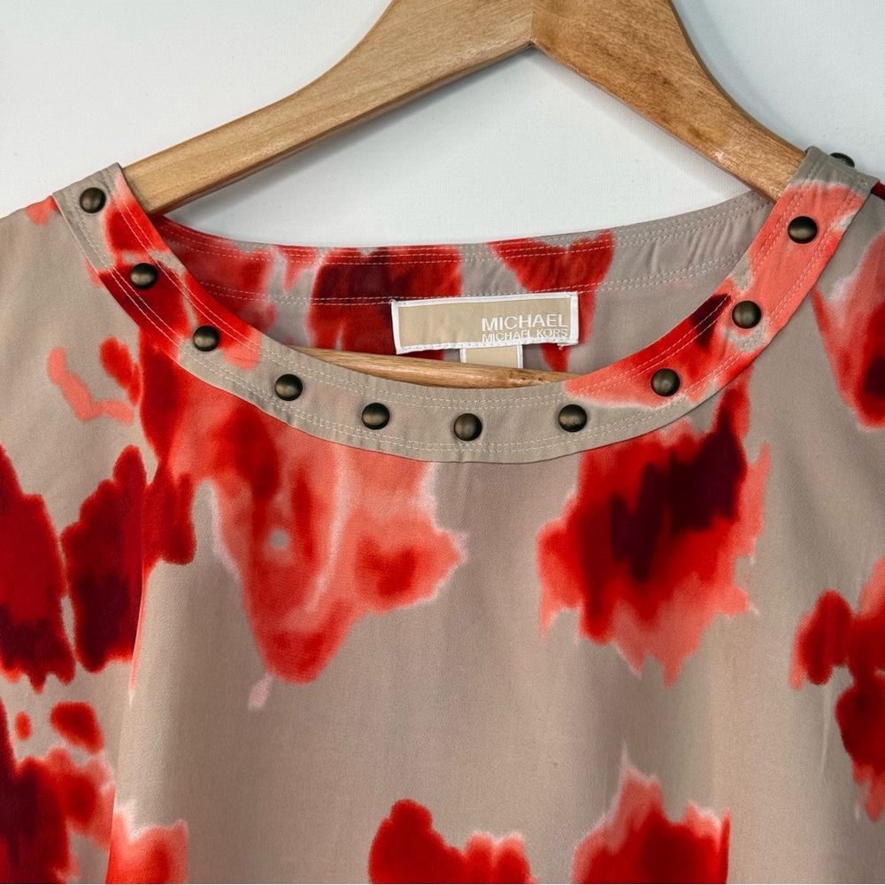 Michael Michael Kors Womans Floral Top Blouse Rusched Side Short Sleeve Size 8 - Picture 3 of 10